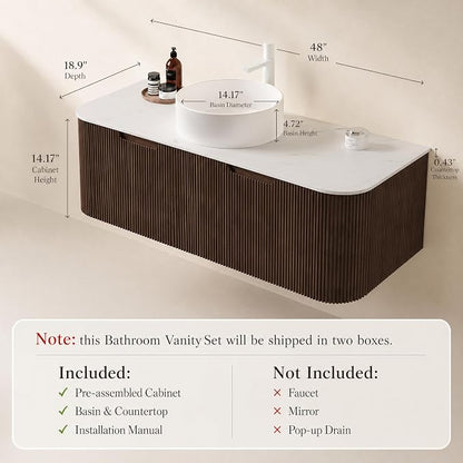 48 Inch Bathroom Vanity with Sink, Floating Wall Mounted Single Sink Vanity, Dark Walnut Curved Fluted Front, Stone Top, Pure White Round Vessel Basin, Pre-Assembled