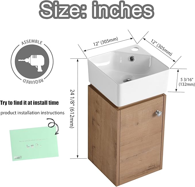 12" Wall-Mounted Bathroom Vanity with Sink - Modern Floating Vanity Cabinet for Small Bathrooms, Space-Saving Single Basin Sink Combo, 1 Door Storage & Countertop (12x12 Inches)