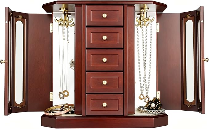 RR ROUND RICH DESIGN Vintage Jewelry Armoire with Mirror Brown | - Solid Wood Jewelry Box Organizer with 5 Drawers & 2 Glass Doors - Large Capacity Desktop Dresser Case