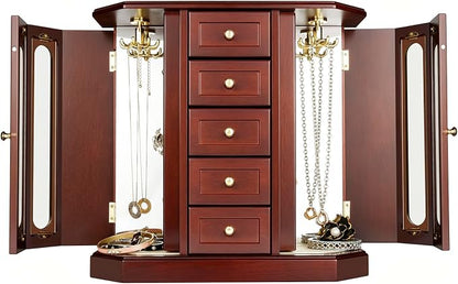RR ROUND RICH DESIGN Vintage Jewelry Armoire with Mirror Brown | - Solid Wood Jewelry Box Organizer with 5 Drawers & 2 Glass Doors - Large Capacity Desktop Dresser Case