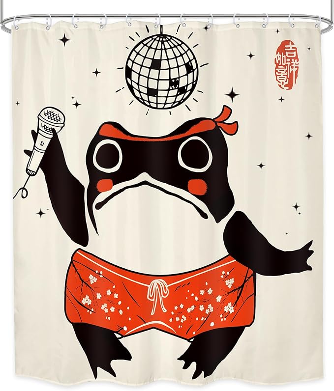 LGhtyro Funny Frog Shower Curtain Bathroom Set 60Wx71H Inches Retro Asian Style Traditional Japanese Art Animal Lantern Ball Microphone Bath Accessories Cute Art Home Decor Fabric 12 Pack Hooks