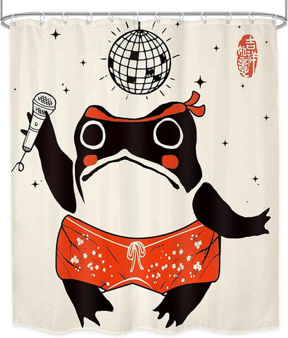 LGhtyro Funny Frog Shower Curtain Bathroom Set 60Wx71H Inches Retro Asian Style Traditional Japanese Art Animal Lantern Ball Microphone Bath Accessories Cute Art Home Decor Fabric 12 Pack Hooks