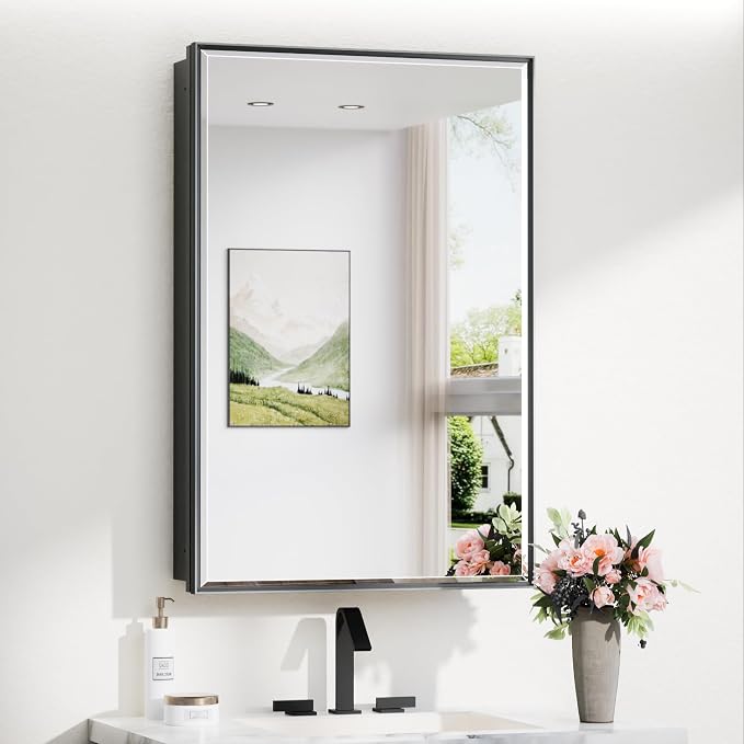 24x36 Recessed Medicine Cabinet with Mirror Wall Mounted, Aluminum Alloy Black Mirrored Medicine Cabinet, Metal Beveled Mirror with Storage for Bathroom Vanity