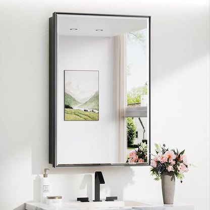24x36 Recessed Medicine Cabinet with Mirror Wall Mounted, Aluminum Alloy Black Mirrored Medicine Cabinet, Metal Beveled Mirror with Storage for Bathroom Vanity