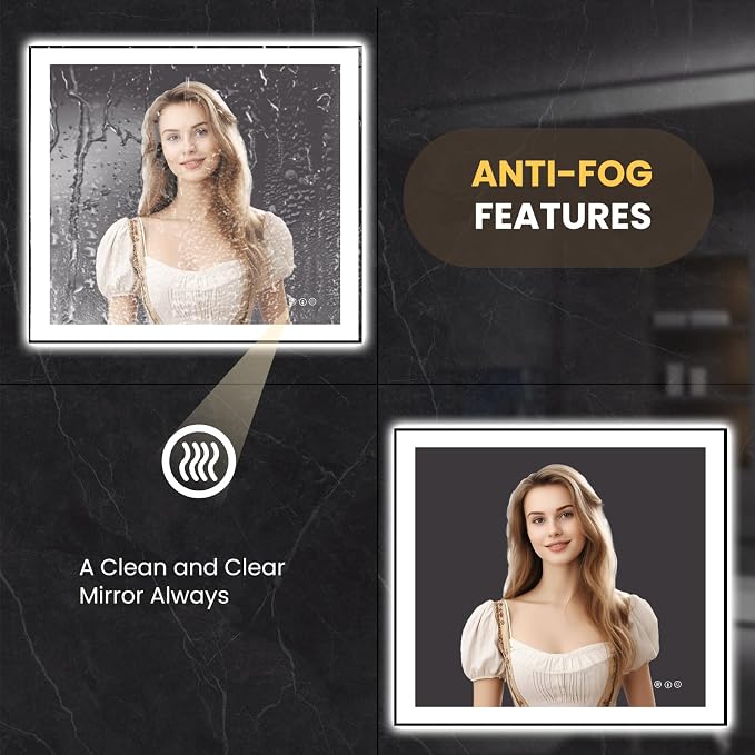 LOAAO 40"X36" LED Bathroom Mirror Black Framed | Anti-Fog, Dimmable, Memory Function, Tempered Glass, Lighted Vanity Mirror for Wall