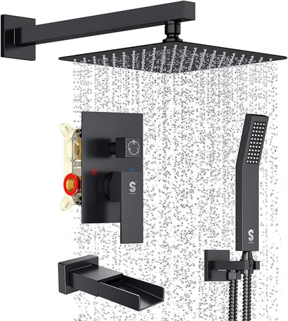 SR SUN RISE 10 Inches All Metal Bathtub Faucet Set Shower System with Tub Spout Square Rain Shower Head and Handheld Combo Shower Fixtures, Modern Valve and Trim Kit, Matte Black