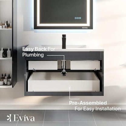 Eviva Joy 40 in. Gray Wall MountSingle Sink Bath Vanity with Porcelain Top and Integrated Sink