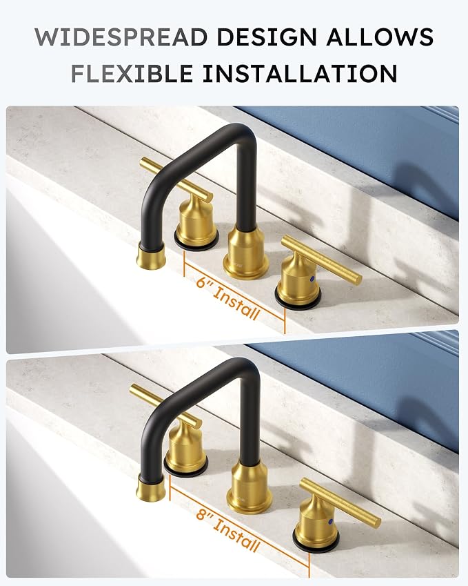 WOWOW Black Gold Bathroom Faucet 3 Hole, Widespread Vanity Sink Faucets | Copper Inlet Faucet for Bathroom Sink with Swivel Spout, 2 Handles Lavatory Tap with Drain and cUPC Supply Line (Set of 2)