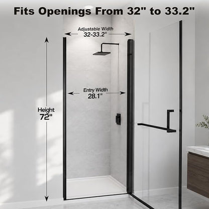32-33.2" W x 72" H Single Frameless Pivot Swing Shower Door | 1/4" Clear SGCC Tempered Glass with a 28.1" walk-in opening, Matte Black Finish, Adjustable Width, Reversible Installation