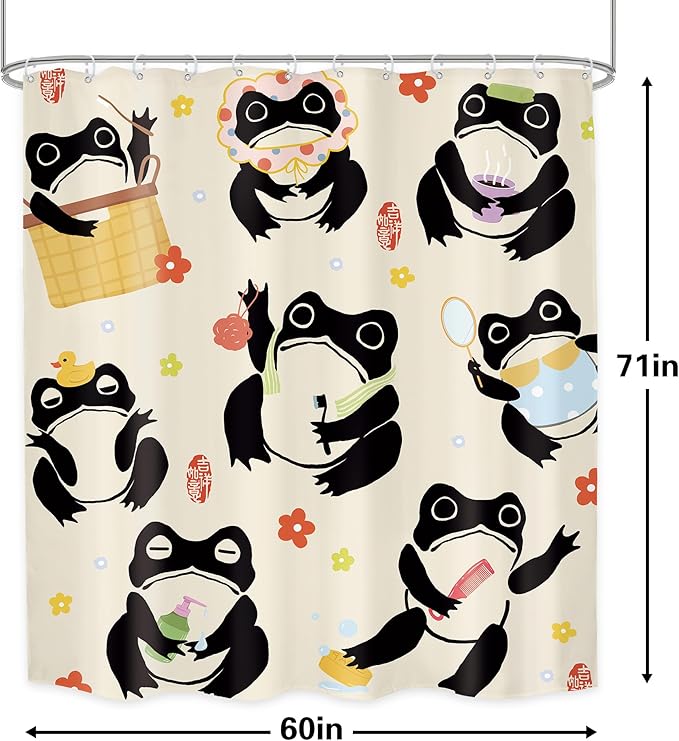 LGhtyro Funny Frog Shower Curtain Bathroom Set 60Wx71H Inches Fun Kids Cartoon Animal Asian Japanese Style Traditional Floral Bath Accessories Hilarious Lovely Art Home Decor Fabric 12 Pack Hooks