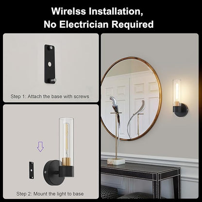 Battery Operated Wall Sconce Set of 2, Wireless Wall Lights with Remote Control, Rechargeable Dimmable Wall Lamps for Bedroom Bathroom Living Room Hallway Decor Stairwell, Black & Gold, 3000K