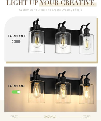 3-Light Black Bathroom Light Fixture Over Mirror, Modern Vanity Light, Clear Glass Wall Sconce, VL01BK-3