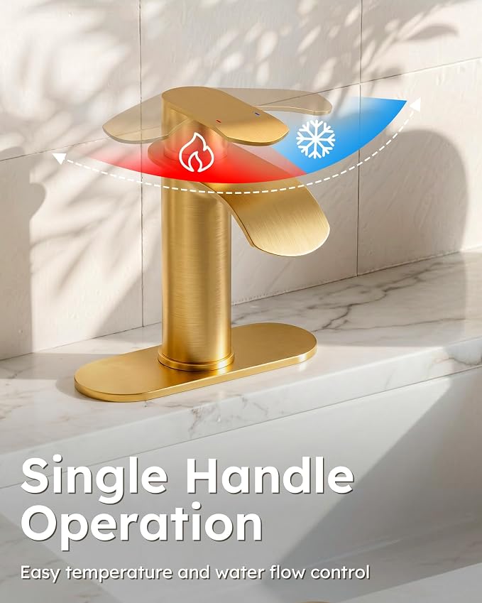 WOWOW Waterfall Bathroom Faucet, Gold Bathroom Sink Faucet for 1 Hole or 3 Holes, Single Handle Vanity with Metal Pop up Drain, Stainless Steel Basin Sink Faucet Tap for RV Lavatory