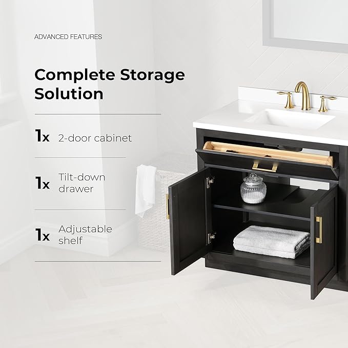 OVE Decors Bailey 36 in. Single Sink Freestanding Matte Black Wood Bathroom Vanity with White Quartz Top and Matching Backsplash