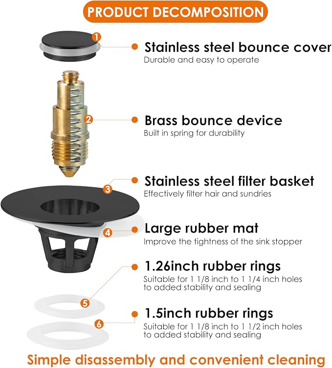 Universal Bathroom Sink Stopper, Basin Pop-up Bathroom Sink Drain Strainer, Bathroom Drain Stopper with Stainless Steel Hair Catcher for 1.1-1.5 Inch Drain(1 PCS, Black)