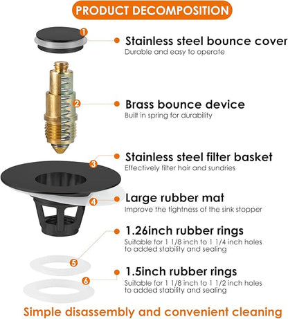 Universal Bathroom Sink Stopper, Basin Pop-up Bathroom Sink Drain Strainer, Bathroom Drain Stopper with Stainless Steel Hair Catcher for 1.1-1.5 Inch Drain(1 PCS, Black)