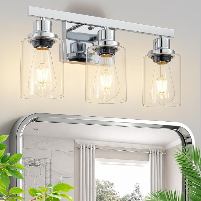 3 Light Bathroom Light Fixtures,17" Polished Chrome Vanity Lights | Modern Vanity Lights over Mirror with Clear Glassshades,Farmhouse Bathroom Wall Sconece over Sink,E26 Base