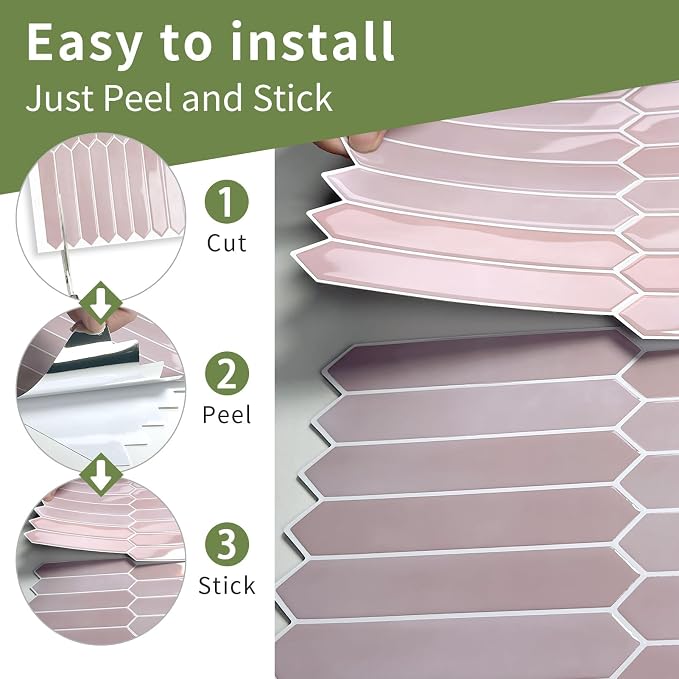 10 Sheets Long Hexagon Tile Peel and Stick Backsplash | Self-Adhesive Wall Tiles Stick on Back Splash for Kitchen, Bathroom, Fireplace,RV(Pink,12"×12")