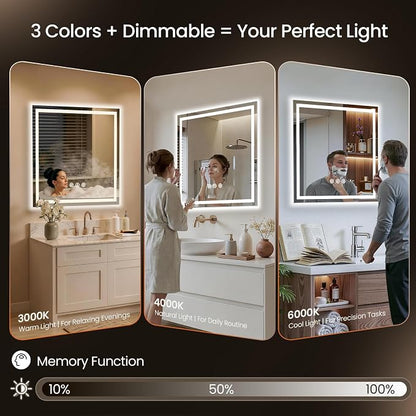 48x48 LED Bathroom Mirror with Anti-Fog, Backlit & Front Lit, Memory | Stepless Dimmable 3 Color CRI 95+ Shatterproof Tempered Glass ETL Listed for Safety Lighted Bathroom Vanity Mirror for Wall