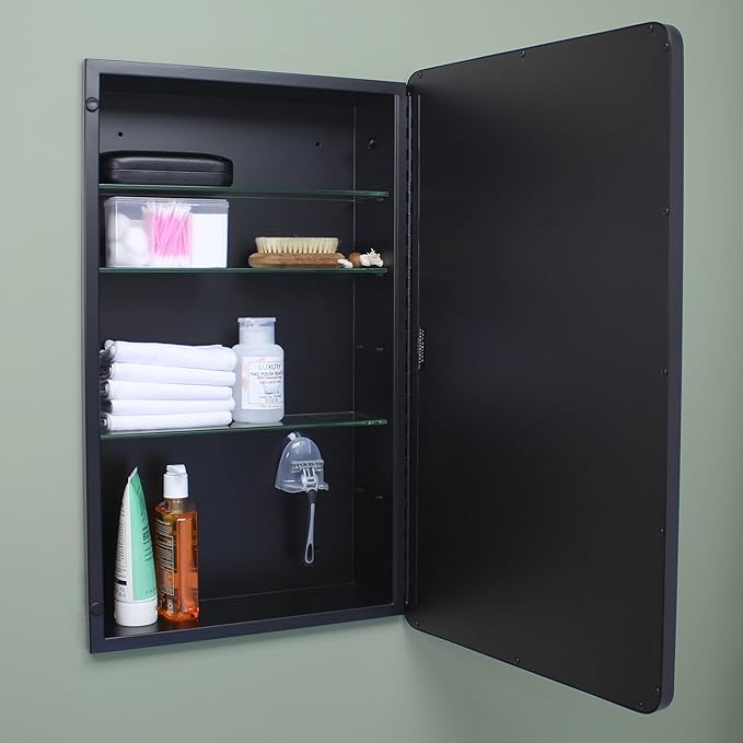16x26 Austin Farmhouse Metal Framed Rounded Rectangle Recessed Bathroom Medicine Cabinet, Beveled Mirror, 14x24 in-Wall Opening, powder-coated Steel, Adjustable Glass Shelves, Magnet Close, Black