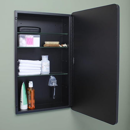 16x26 Austin Farmhouse Metal Framed Rounded Rectangle Recessed Bathroom Medicine Cabinet, Beveled Mirror, 14x24 in-Wall Opening, powder-coated Steel, Adjustable Glass Shelves, Magnet Close, Black