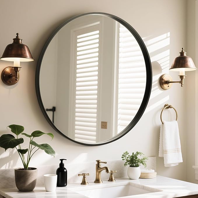 Round Wood Mirror, 32" Round Modern Decoration Large Circle Wall Mirror for Bathroom Living Room Bedroom Entryway, Black