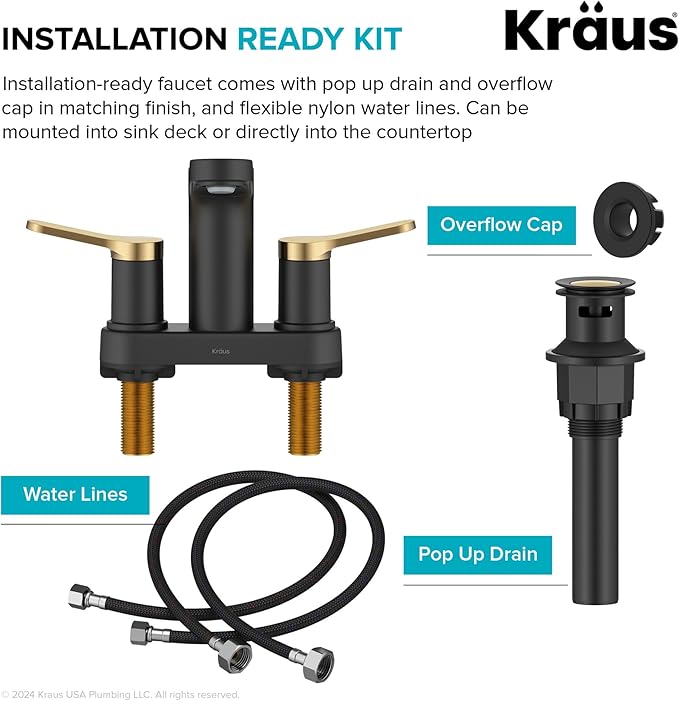 KRAUS Indy Centerset Bathroom Faucet in Spot-Free Brushed Brass/Matte Black with 2 Handles, Pop Up Drain and Supply Lines, FUS-14102SFBBMB