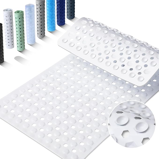 Yimobra Bathtub Mat Non Slip, 34.5"X15.5" Long Shower Mat for Inside Shower, Machine Washable Bath Mat with Drain Holes & Strong Suction Cups, Soft on Feet, Bathroom Essentials, White