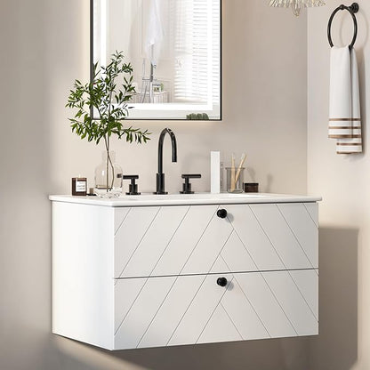 Floating Vanity with Sink 30", Bathroom Vanities Cabinet with White Ceramic Sink, 2 Large Storage Drawers with Soft-Close System, Wall Mounted, Easy Cleaning