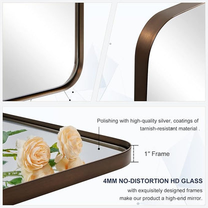 Wall Mirror for Bathroom, 20”x28”Brushed Bronze Bathroom Mirror, Rounded Rectangle Mirror in Premium Stainless Steel Metal Frame Hangs Horizontal Or Vertical