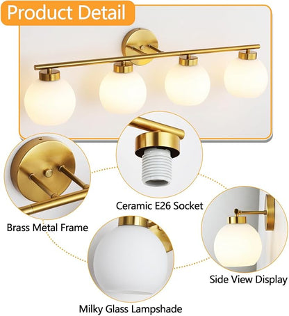 4 Light Bathroom Vanity Light, Gold Bathroom Light Fixtures Over Mirror, Mid Century Modern Wall Light with Frosted Globe Glass Shades, 32 inch Brass Vanity Lights, E26 Socket