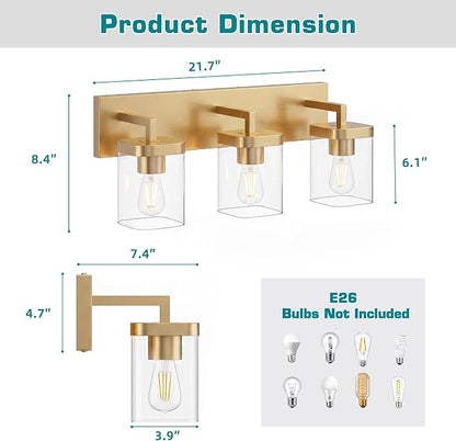 Bathroom Lighting Fixtures Over Mirror, Square Design & Rectangle Large Backplate, 3 Lights Modern Vanity Lighting Fixtures, Bathroom Light Fixtures for Bathroom/Living Room/Bedroom, Gold