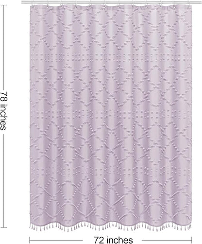 Lavender Boho Woven Fabric Shower Curtain with Tassel 72 x 78, Bohemia Tufted Chevron Striped Chic Textured, Purple Waterproof Modern Farmhouse Minimalist Cloth Curtain for Bathroom
