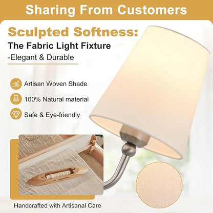 Bathroom Light Fixtures, 3-Light Brushed Nickel Vanity Lights, 25" Bathroom Lighting Fixtures Over Mirror with White Flared Fabric Shade, Modern Wall Sconces for Bathroom Bedroom Living Room Hallway