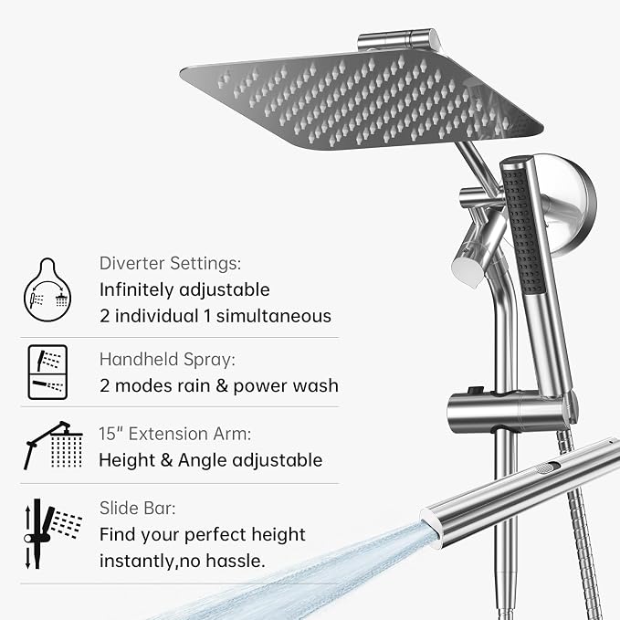 Veken 10" Luxurious Rain Shower Head with Handheld, High Pressure Rainfall Shower Heads wih Extension Arm, Wide Dual Showerhead with Spray Combo, Bathroom Accessories, Chrome, Silver