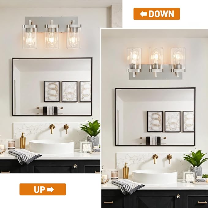3-Light Bathroom Lighting Fixtures over Mirror, Brushed Nickel Vanity Lights with Square Transparent Glass Shade. Modern Bathroom Vanity Light for Mirror Kitchen, Living Room, Gallery, Hallway