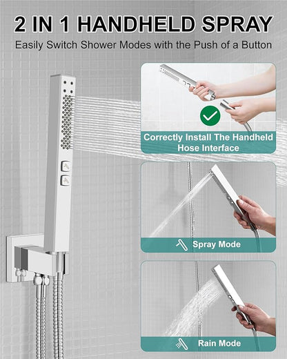 Shower Faucet Set Rainfall Shower System with Square Showerhead and Handle Set Fixture with 2 in 1 Function Handheld Sprayer Wall Mounted Trim Repair Kit Rough-in Valve 12 Inch Polish Chrome