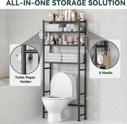 GloTika 4-Tier Over The Toilet Storage Shelves, Black | 200lb Total Capacity, Metal Bathroom Organizer with 36" Clearance, Includes Paper Holder & 4 Hooks, Suit for Small Space