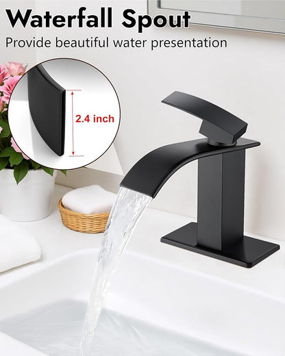 Midanya Waterfall Spout Bathroom Faucet Single Handle 1 Hole Bathroom Sink Faucet,Modern RV Lavatory Vanity Basin Tap with Water Hose,No Drain,Short Body,Matte Black