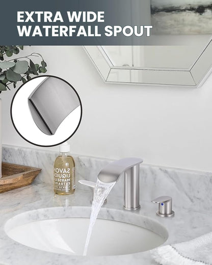 WOWOW Waterfall Bathroom Faucet 3 Holes 8Inch Widespread Bathroom Sink Faucet, Two Handles Brushed Nickel Bathroom Faucet with Pop-up Drain & Supply Hoses, Modern Faucet Mixer Taps Brushed Nickel