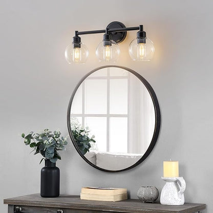 Modern Black Bathroom Vanity Lights,3-Light Matte Black Bathroom Light Fixture with Clear Glass Globe Shades, Adjustable Brightness Vanity Lighting fixtures for Kitchen,Bedroom,Hallway