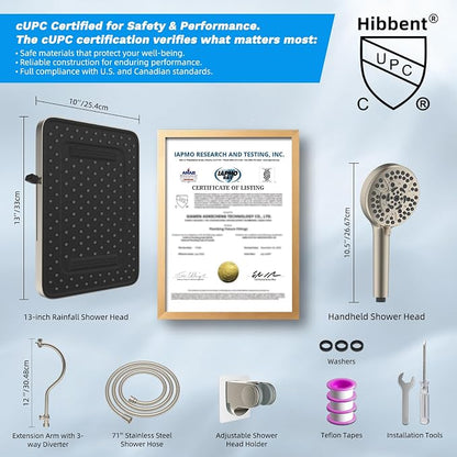 Hibbent 13'' 5-spray Rain Shower Head, 10-Spray Handheld, Brushed Nickel | cUPC Certified High Pressure Dual Showerhead Combo, Upgraded Rainfall Shower Head, 12'' Extension Arm, 71'' Hose & Holder