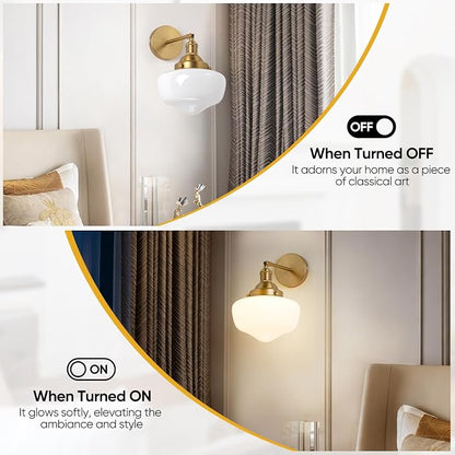 Vintage Wall Sconce, Bathroom Vanity Light with Milky White Glass Shade and Matte Brass Finish Bathroom Light Fixture, Wall Lamps for Living Room