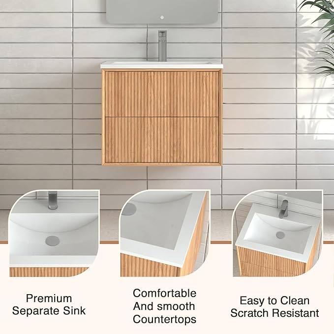 Floating Bathroom Vanity with Sink, Nature Soild Wood Cabinet with Ceramic Basin, Extra Large Storage Drawer & Pre-Assembled Vanities for Bathroom, Powder Room (Nature B Style, 24")