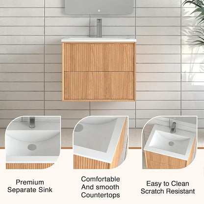 Floating Bathroom Vanity with Sink, Nature Soild Wood Cabinet with Ceramic Basin, Extra Large Storage Drawer & Pre-Assembled Vanities for Bathroom, Powder Room (Nature B Style, 24")