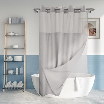 River Dream No Hook Long Shower Curtain with Snap-in Liner 71x80, Grey | Snap on/off Waterproof PEVA Liner, See Through Top Window, Slub Textured, Hotel Style Shower Curtain Set, 71W x 80H