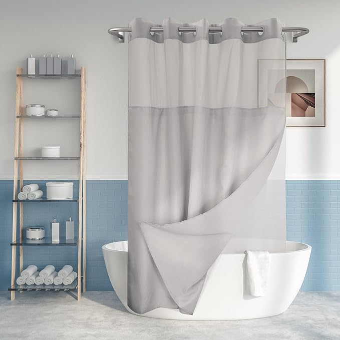 River Dream No Hook Long Shower Curtain with Snap-in Liner, Grey, 71x77 | Snap on/off Waterproof PEVA Liner, See Through Top Window, Slub Textured, Hotel Style Shower Curtain Set, Longer Size