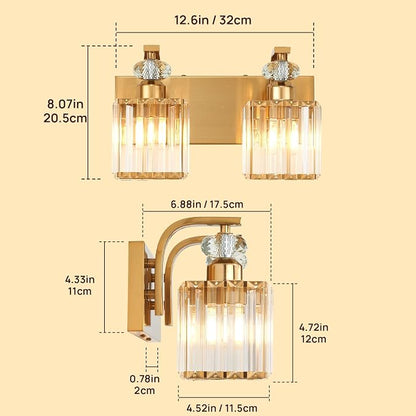 Modern Bathroom Vanity Light, 2-Light Gold Bathroom Lighting Fixtures Over Mirror, 12.6" Crystal Wall Light Sconce for Bathroom/Bedroom/Vanity, Includes LED Bulbs, Easy Installation
