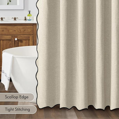 MIULEE 72"x84" Extra Long Scalloped Linen Shower Curtain Natural | Linen Textured, Waterproof, Washable, 12 Metal Hooks, Heavy Duty Cloth, Black Border, Shower Curtain for Bathroom Bathtub