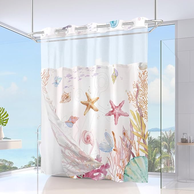 No Hook Shower Curtain and Liner Set, Watercolor Pink Beach Coastal 71x74 | Nautical Ocean for Bathroom, with Snap in Liner Replacement, Mesh Top Window, Waterproof, Machine Washable, Quick-Drying
